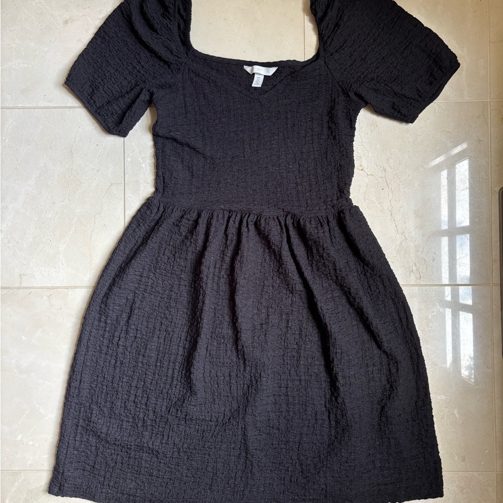H&M Black Puff Sleeve Textured Jersey Dress
